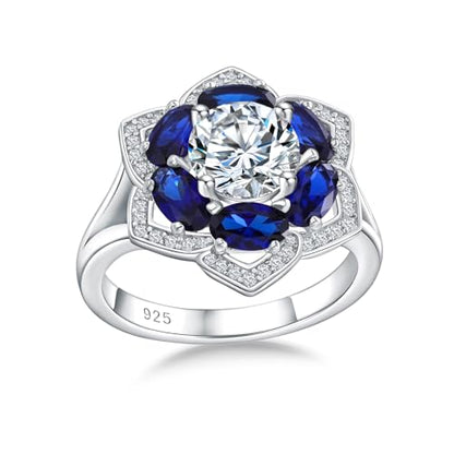 Flower Cocktail Ring for Women Stone Engagement Anniversary Rings | Sterling Silve|Hypoallergenic|Ruby|Sapphire|Emerald|Wedding and Birthday Party Women Statement Ring|Mother and Grandma Gift - color: Sapphire (Sep.)