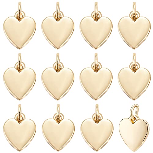 BENECREAT 16 Pcs Heart Pendants, 18K Real Gold Plated Brass Charm | 9.5x8x1mm, Shiny Heart Charm, Soild Heart Pendant With Jump Rings for Valentine's Jewelry & Bracelets, DIY Projects - color: Heart