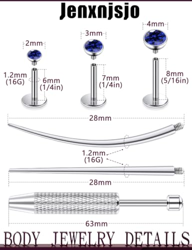 Jenxnjsjo F136 Titanium 20/18/16g Earrings Nose Lip Rings Studs Labret Medusa Tragus Helix Conch Cartilage Piercing Jewelry for Women - color: Blue, size: 16g