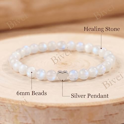 Bivei Crystal Stretch 6mm Bracelets for Women | Handmade Natural Stone Beaded Stretch Bracelet, Stainless Steel Heart Bead, Tranquility Yoga Gift Jewelry for Women - color: Moonstone - Receptive