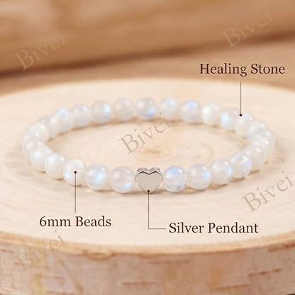 Bivei Crystal Stretch 6mm Bracelets for Women | Handmade Natural Stone Beaded Stretch Bracelet, Stainless Steel Heart Bead, Tranquility Yoga Gift Jewelry for Women - color: Moonstone - Receptive