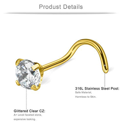 18G 1.5mm 2mm 2.5mm 3mm 3.5mm 4mm Round Diamond CZ Nose Screw Studs Rings Piercing Jewelry 4-12PCS - color: 12PCS - Gold