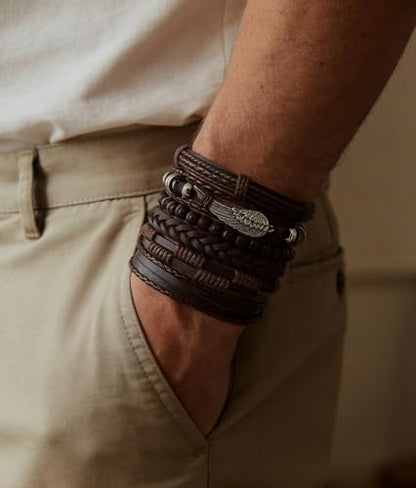 8Pcs Punk Leather Bracelet Set for Men & Women, 6Pcs Braided PU Cuffs, Necklace & Keychain, Adjustable, Stackable - style: BrownWings