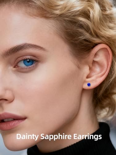 Neshat Tiny Birthstone Earrings for Women, 925 Sterling Silver Bezel Crystal Stud Earrings, 4mm Minimalist Sapphire/Amethyst/Aquamarine/Emerald Earrings Studs - style: 09. September-Created Blue Sapphire