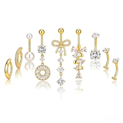 G&O JFU 9 Pcs Belly Button Ring Dangle Hypoallergenic Surgical Stainless Steel Heart Flower Pearl Bow Dangly Belly Rings for Women 14G Clicker Floating Navel Piercing Jewelry - color: Gold Clear