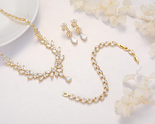 Jewelry Set for Women, Cubic Zirconia Necklace Dangle Earrings & Bracelet Jewelry Set for Bride Bridesmaid Wedding Engagement Prom Party - style: Gold-Necklace+Bracelet+Earrings