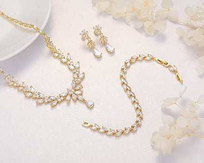 Jewelry Set for Women, Cubic Zirconia Necklace Dangle Earrings & Bracelet Jewelry Set for Bride Bridesmaid Wedding Engagement Prom Party - style: Gold-Necklace+Bracelet+Earrings
