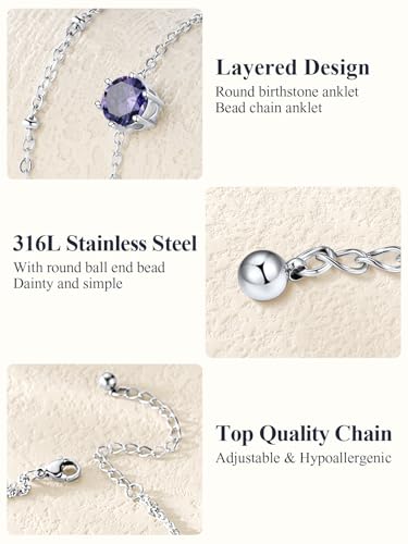 U7 Silver Ankle Bracelet for Women, Waterproof Layered Ankle Round Gem Birthstone Anklets, Summer Beach Foot Jewelry, Adjustable 8.5"-10.5" - color: 06.June-Alexandrite Purple