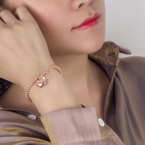 H&Beautimer 925 Sterling Silver 4-10MM Ball Chain Bracelet For Women's - Italian Handmade Bead Chain Bracelet 5''5.7''6.3''6.7''7.5''8''8.3''8.5''9 Inch Rose Gold Party Jewelry - color: 4MM Silver-Heart Pendant, size: 8.3 inches