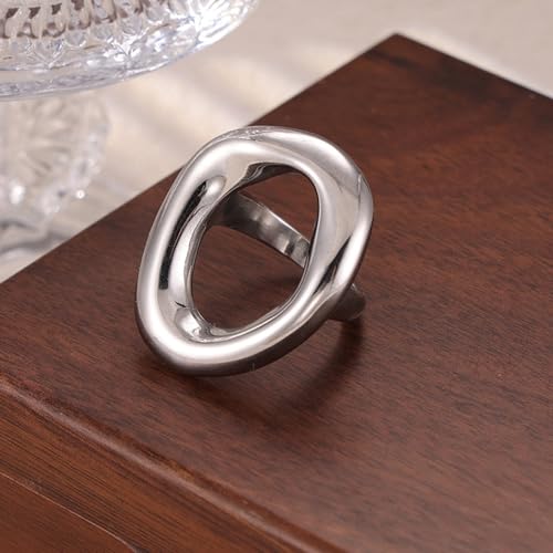 Kokoma Hollow Oval Shaped Chunky Statement Ring for Women Stainless Steel Irregular Thick Chunky Finger Band Stackable Rings Geometric Ring Minimalist Jewelry - color: Silver