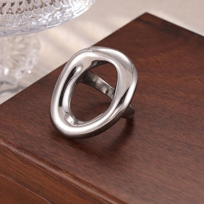 Kokoma Hollow Oval Shaped Chunky Statement Ring for Women Stainless Steel Irregular Thick Chunky Finger Band Stackable Rings Geometric Ring Minimalist Jewelry - color: Silver