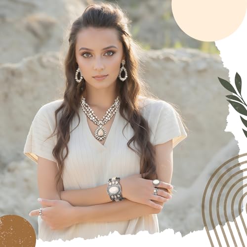 Ecally Bohemian Western Jewelry Turquoise Set Women Country Pendant Long Choker Layered Bracelets Earrings Ring for Women - color: White, style: Shiny