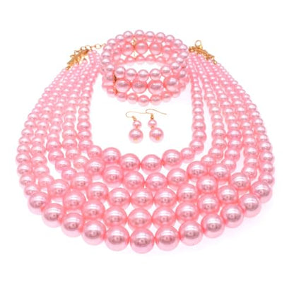 Faux Big Pearl Srand Necklaces for Women 5 Layers Pearls Choker Bib Collar Necklace Bracelet and Earrings set 1920s Costume Pearl Jewelry Bridal Wedding - color: pink