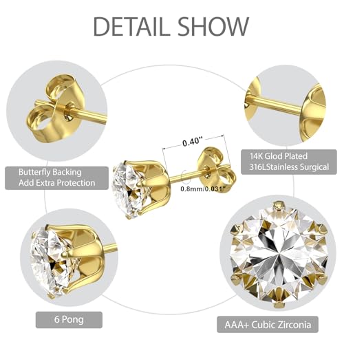 6/12 Pairs Silver Gold Stainless Steel Stud Earrings Set for Women Men | Hypoallergenic, 3 4 5 6 7 8 mm CZ, Lightweight, 14K Gold Plated Surgical 316L, Cubic Zirconia, Multiple Piercing Jewelry - color: Silver/Glod-12Pairs