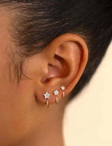 Freekiss 3 Pairs Backless Half Hoop Earrings Set for Women | 14K Gold Plated CZ Stay Close Hoop Earrings, Hypoallergenic Huggie Stackable Earring for Everyday & Sleep Wear Jewelry Gift - color: Star CZ-GD