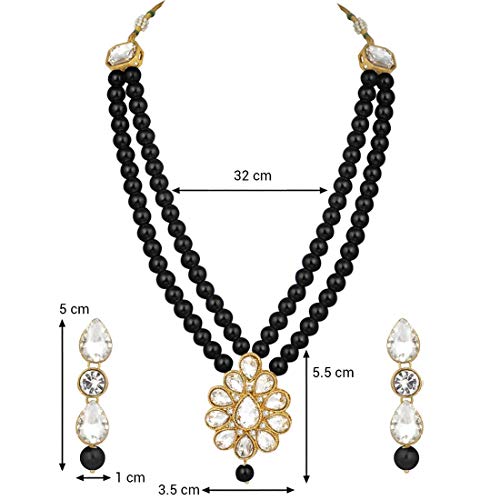 Aheli Wedding Faux Kundan Pendant Beaded Necklace Earrings Set Bollywood Indian Bharatanatyam jewellery set Gift for Women - color: Black