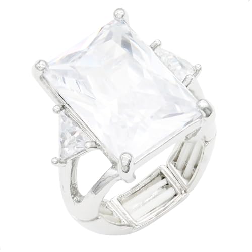 Lavencious Big Bold Radiant CZ Stones Stretch Rings for Women Size for 7-9 - color: Silver