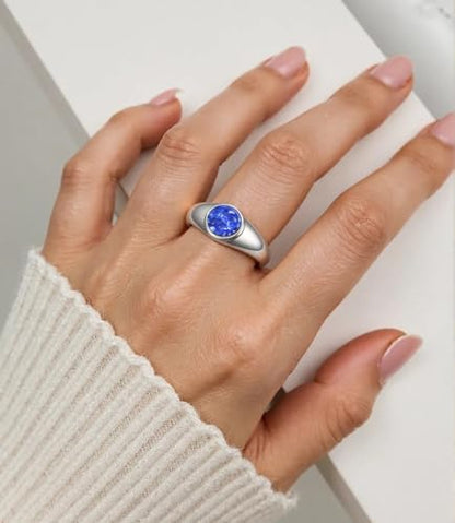 MYNENEY Stainless Steel Round Statement Pinky Signet Rings for Men Women - color: Lapis lazuli-Silver