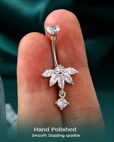Lotus Belly Button Rings, 14G Dangle Belly Navel Rings for Women, Stainless Steel Belly Navel Piercing Jewelry - color: Silver-10MM