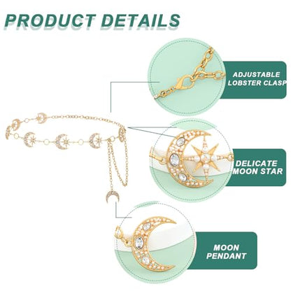 Rhinestone Moon Chain Belt Sparkly Star Waist Chain Adjustable Body Jewley for Women Dress Belt Accessory - style: Gold moon star C