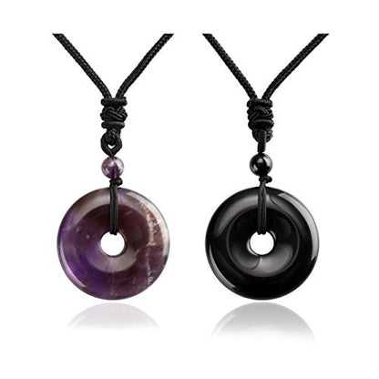 Jovivi 30mm Circle Donut Healing Crystals Necklace Natural Semi-Precious Chakra Gemstone Stone Amulet Lucky Coin Donuts Charm Protection Quartz Reiki Pendant Necklace for Men Women Adjustable Rope - color: 2pcs(Amethyst+Obsidian)
