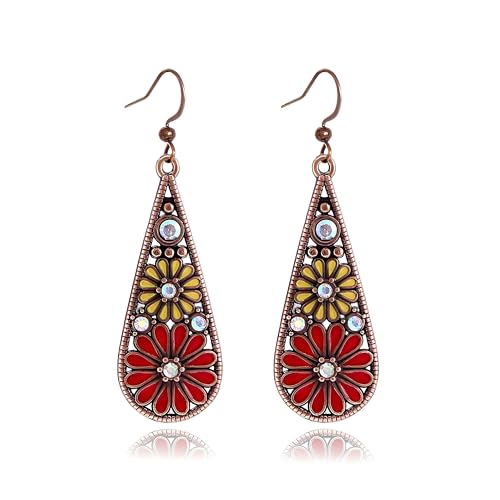 MALOYANVE Bohemian Crystal Teardrop Earrings for Women Vintage Tribal Geometric Enamel Rhinestone Hollow Flower Earring Handmade National Statement Jewelry Gift - color: Red