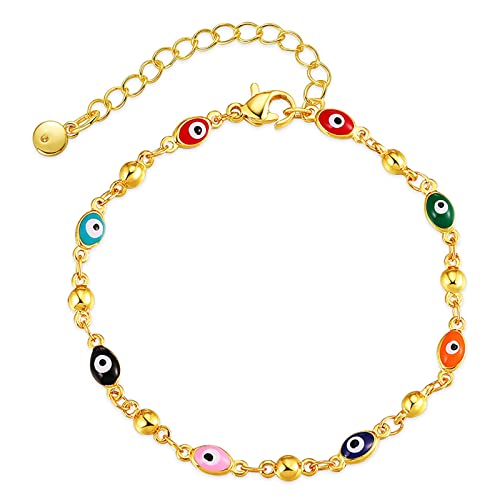 Dainty Gold Bracelets for Women, 18 Gold Plated Adjustable Evil Eye/Butterfly/Beaded/Pearl/Heart/Turquoise Handmade Bracelet for Women - style: Evil Eye and Gold Bead