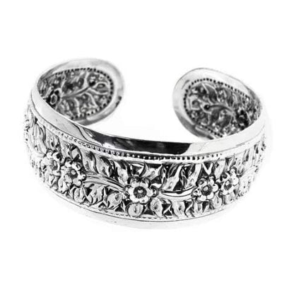 Chunky Statement 925 Sterling Silver Cuff Bangle Bracelet for Women - 25mm Floral Cuff - Ideal gift for her