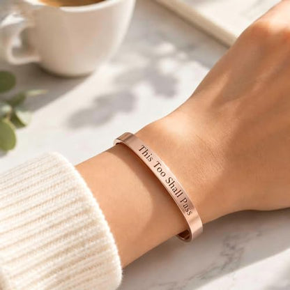 This Too Shall Pass But F*cking Hell Mantra Cuff Bracelets, Stainless Steel Inspirational Cuff Bracelets with Hidden Message Engraved Bracelet Open Adjustable Self-Reminder Bangle Motivational Jewelry for Women - color: Arrow Rose Gold