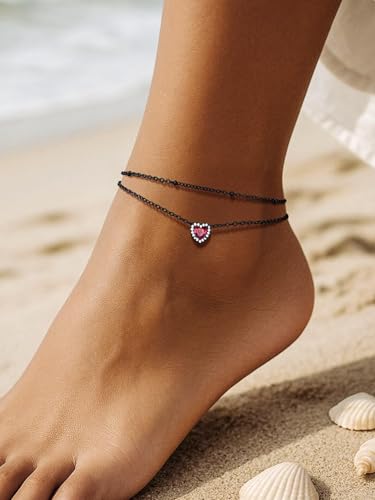 Richsteel Double Layer Heart/Butterfly Birthstone Anklet for Women | Non Tarnish Waterproof, Silver/Gold/Black Stainless Steel 8.5-10.5 Inch Adjustable Chain Anklets Summer Beach Foot Jewelry - color: Black Heart-07 Jul.(Ruby)