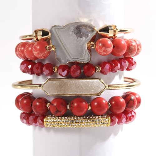 Yomisa 5PCS 6PCS Natural Boho Beaded Bracelets/Bangle for Women Men,Healing Turquoise Jasper Agate Crystal Gemstone Stone Chakra Multilayer Wrap Bohemian Handmade Jewelry Beads Stretch Bracelet Set - color: 6PCS-Red