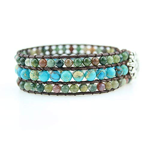 YGLINE Boho Handmade Natural Stone Bead 3 Row Wide Wrap Wrist Statment Bracelet Jewelry Collection - color: agate