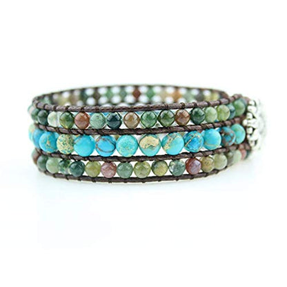 YGLINE Boho Handmade Natural Stone Bead 3 Row Wide Wrap Wrist Statment Bracelet Jewelry Collection - color: agate