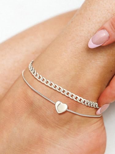U7 2Pcs/3Pcs Ankle Bracelets for Women, Stainless Steel Cuban Link/Figaro/Rope/Heart Chain Anklets Sets,Waterproof Layered Anklets Adjustable 8.5"-10.5" - color: 02. 2Pcs Style B-Stainless Steel