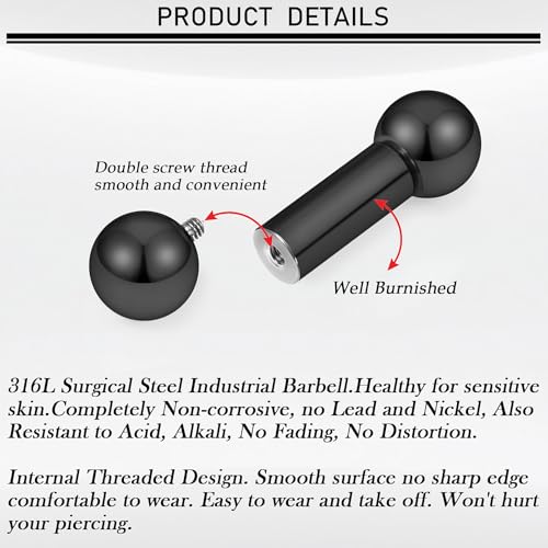 16G-00G Tongue Rings Nipple Piercings Internally Threaded Straight Barbell 316L Surgical Steel Body Piercing Jewelry for Women Men Black silver 12mm 14mm 16mm 19mm Bars Length - color: Black, size: 2G(6mm)-16mm barbells-10mm Balls