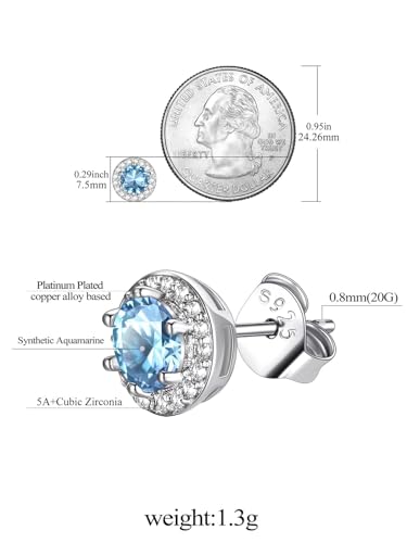 FindChic Birthstone Earrings for Women, Round/Heart/Square/Teardrop Earrings with 925 Sterling Silver Posts & Push Backs, Hypoallergenic Studs with Cubic Zirconia, 12 Months Jewelry with Gift Box - style: 03. March-Aquamarine (Round)