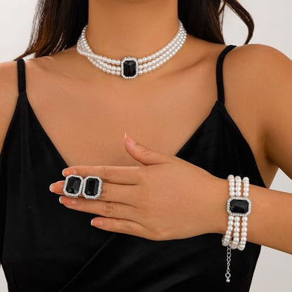 Wekicic Faux Pearl Necklace Earrings Set for Women Crystal Pearl Choker Necklace Bracelet Set 1920s Jewelry for Wedding Party - color: Black