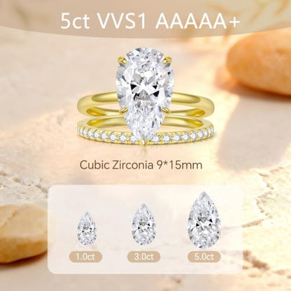 5CT Elongated Pear Shaped Cut Engagement Ring Set for Women, Wedding Promise Cubic Zirconia Band, 14K Gold/White Gold Plated Stackable Bridal Eternity Rings, Size 5-9 - color: Gold