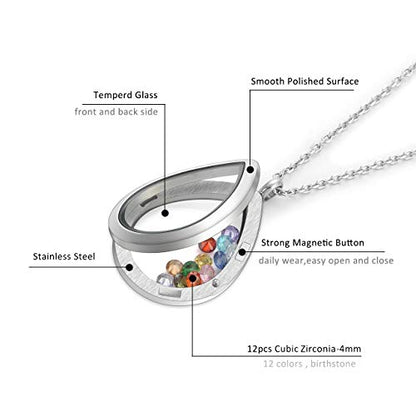 Jovivi Teardrop/Heart Floating Charm Memory Locket Necklace - 316 Surgical Stainless Steel Buckle Closure