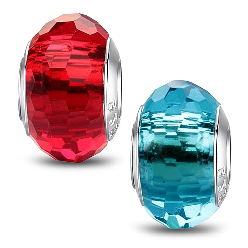 MICOO 925 Sterling Silver Charms for Bracelets,Fashion DIY Dangle Pendants Beads Simulated Birthstone Charms,Birthday Gifts for Women - color: 2 Red and Light Blue Charms