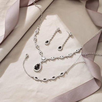 EVER FAITH Bridal Jewelry Set for Women, Stunning Teardrop Cubic Zirconia Birthstone Necklace Bracelet Earrings Sets Gift for Mothers Day/Valentines/Birthday/Christmas - color: Black