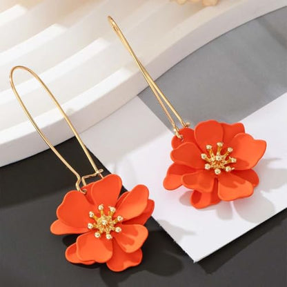 WCRAZYE Bohemian Daisy Flower Earrings Necklace Sets for Women Unique Trendy Boho Matte 3D Gold Flower Floral Petal Statement Earring Wedding Jewelry - color: Orange
