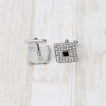 Black and Silver Gold Concentric Diamond Clear Crystal Dust Cufflinks, AILUOR Tuxedo Shirt Cufflinks French Style Shirt Studs - color: Silver