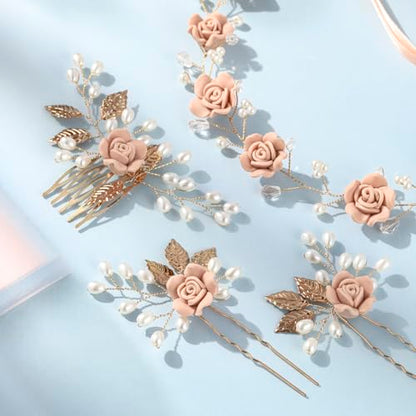 Wedding Hair Accessories Hair pieces Set Crystal bridal hair pins Rhinestone Pearl hair comb Brides and Bridesmaids, Girls, Women(（4PCS/SET PINK) - color: pink