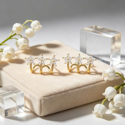 Gold Flower CZ Crawler Earrings for Women, 3-Petal Crystal Stud Climber Earrings, Elegant Geometric Line Ear Jewelry