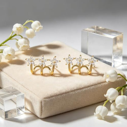 Gold Flower CZ Crawler Earrings for Women, 3-Petal Crystal Stud Climber Earrings, Elegant Geometric Line Ear Jewelry