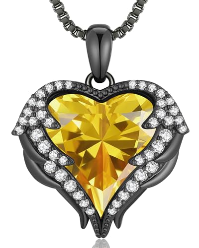 CDE Angel Wings Heart Birthstone Pendant Necklace Gift for Women | Silver/Gold Tone,Ideal Birthday & Anniversary Jewelry Gift for Wife,Girlfriend,Her - color: Black-11-Yellow Birthstone