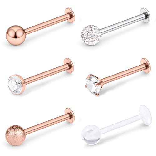 16G Stainless Steel Labret Studs Monroe Lip Rings Retainer Cartilage Tragus Nail Conch Helix Earring Barbell Piercing Jewelry with Clear Diamond CZ for Women Men - color: 5/16"(8mm) rosegold