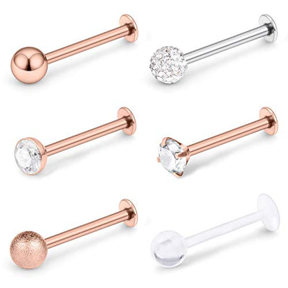 16G Stainless Steel Labret Studs Monroe Lip Rings Retainer Cartilage Tragus Nail Conch Helix Earring Barbell Piercing Jewelry with Clear Diamond CZ for Women Men - color: 5/16"(8mm) rosegold