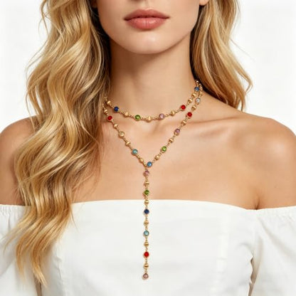 KURTCB Rhinestone Necklace for Women Boho Long Y Lariat Gold Necklace Stack Colorful Summer Beach Jewelry - color: Multicolor Layered